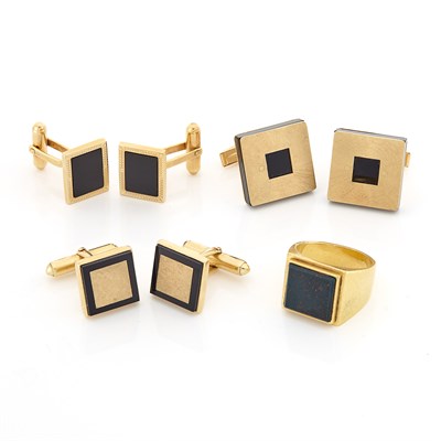Lot 1677 - Three Pairs of Gold and Black Onyx Cufflinks and Bloodstone Ring