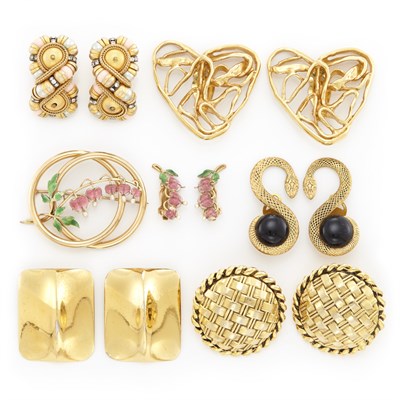 Lot 1320 - Pair of Gold and Enamel Flower Earclips and Brooch and Group of Costume Jewelry