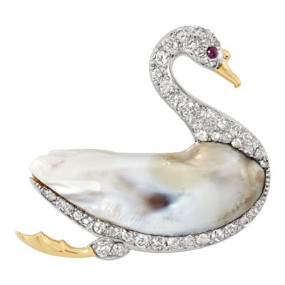 Lot 361 - Platinum, Gold, Freshwater Pearl and Diamond Swan Pin