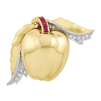 Lot 380 - Retro Gold, Platinum, Diamond and Ruby Apple Clip-Brooch