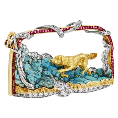 Lot 358 - Gold, Platinum, Turquoise, Diamond and Ruby Dog Brooch