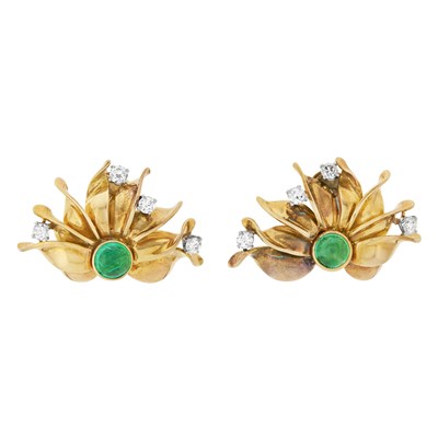 Lot 66 - Pair of Gold, Emerald and Diamond Earclips