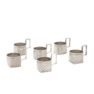 Lot 187 - Set of Six Russian Silver Trompe L'Oeil Vodka...