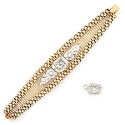 Lot 1431 - Lady's Gold and Diamond Bracelet-Watch, Hamilton, and Platinum and Diamond Ring
