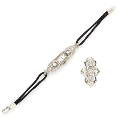 Lot 1252 - Platinum, White Gold and Diamond Wristwatch and Platinum, Diamond and Synthetic Sapphire Ring