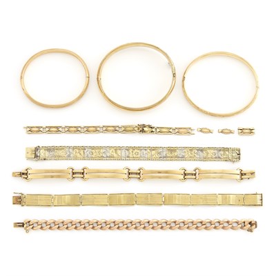 Lot 1381 - Group of Gold, Low Karat Gold and Gold-Filled Bracelets and Fragments