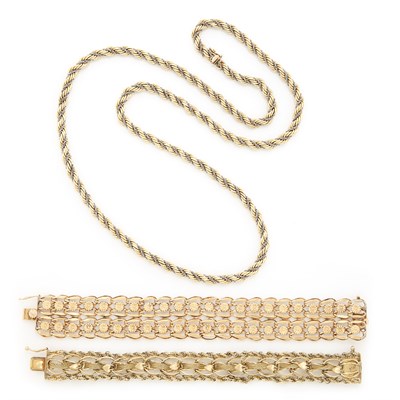 Lot 1368 - Long Two-Color Gold Necklace, Gold Bracelet and Rose Gold Bracelet