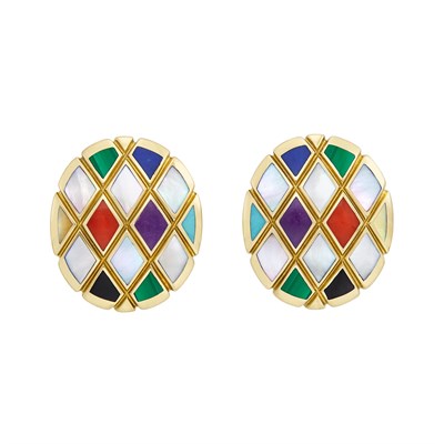 Lot 39 - Pair of Gold, Mother-of-Pearl and Hardstone Earrings, Asch Grossbardt