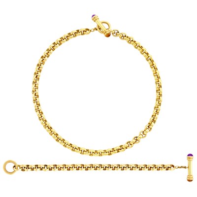 Lot 548 - Gold and Cabochon Colored Stone Toggle Chain Necklace and Bracelet