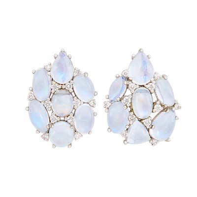 Lot 616 - Pair of White Gold, Moonstone and Diamond Cluster Earrings