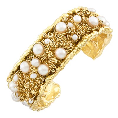 Lot 52 - Gold Cultured and Freshwater Pearl Cuff Bangle Bracelet, Nikki Feldbaum