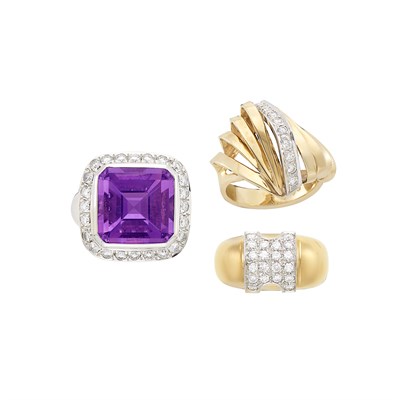 Lot 1188 - Three Yellow and White Gold, Amethyst and Diamond Rings