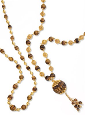 Lot 822 - Long Gold and Tiger's Eye Bead Fringe Pendant-Necklace and Bead Necklace