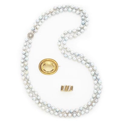 Lot 1645 - Gold and Diamond Ring, Antique Gold and Citrine Pin and Double Strand Semi-Baroque Cultured Pearl Necklace