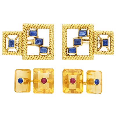 Lot 291 - Pair of Gold and Sapphire Cufflinks and Gold, Citrine and Cabochon Gem-Set Cufflinks