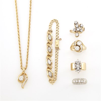 Lot 1657 - Group of Two-Color Gold and Diamond Rings, Bracelet and Pendant with Chain