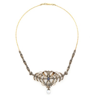 Lot 1603 - Gold, Silver, Cabochon Sapphire, Baroque Gray Pearl and Diamond Pendant-Necklace