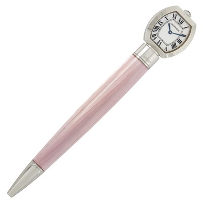 Lot 344 - Gilt Brass 'Pasha' Desk Clock and Stainless Steel, Guilloché Enamel and Mother-of-Pearl Pen-Clock, Cartier