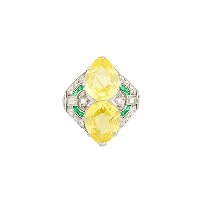 Lot 247 - Platinum, Yellow Sapphire, Diamond and Simulated Emerald Ring