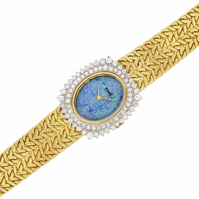 Lot 454 - Two-Color Gold, Opal and Diamond Mesh Wristwatch, Piaget