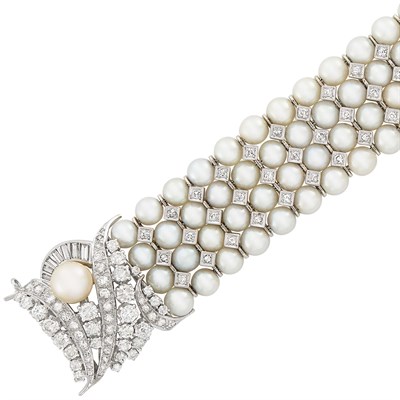 Lot 89 - Four Strand Cultured Pearl, White Gold and Diamond Bracelet