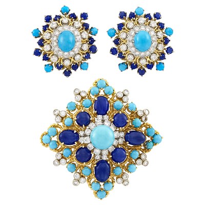 Lot 359 - Pair of Gold, Turquoise, Cabochon Sapphire and Diamond Earclips and Pendant-Brooch