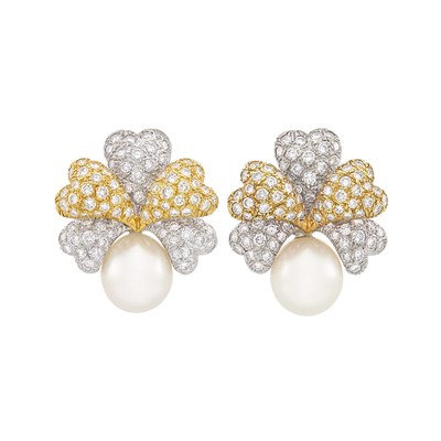 Lot 336 - Pair of Two-Color Gold, South Sea Cultured Pearl and Diamond Earrings