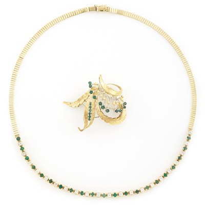 Lot 1315 - Gold, Emerald and Diamond Brooch and Necklace