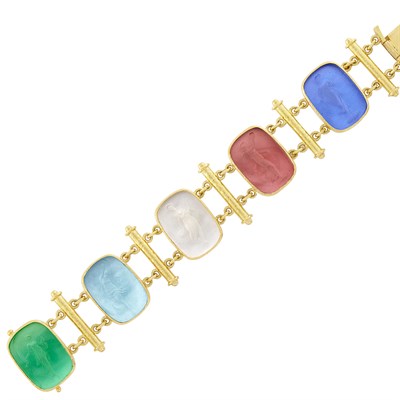 Lot 3 - Gold and Multicolored Glass Intaglio 'Muse' Bracelet, Elizabeth Locke