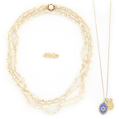 Lot 1319 - Gold Pendants and Long Angel Skin Coral Bead Necklace