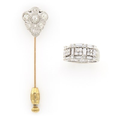 Lot 1529 - Gold, Platinum and Diamond Bar Pin and White Gold and Diamond Ring