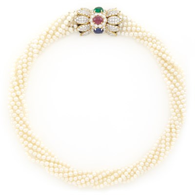 Lot 1502 - Multistrand Cultured Pearl Torsade Necklace with Gold, Diamond and Cabochon Colored Stone Clasp