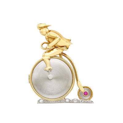 Lot 166 - Gold, Platinum, Diamond and Ruby Penny Farthing High Wheel Lapel-Watch