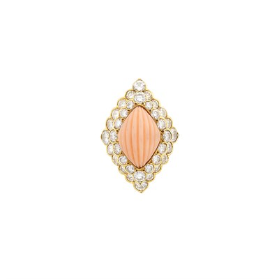 Lot 48 - Gold, Carved Angel Skin Coral and Diamond Ring, Boucheron, France