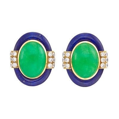 Lot 325 - Pair of Gold, Jade, Lapis and Diamond Earclips, David Webb
