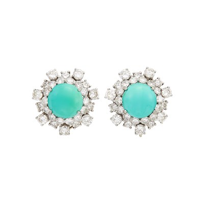 Lot 354 - Pair of Platinum, Turquoise and Diamond Earclips