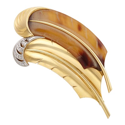 Lot 165 - Gold, Platinum, Carved Tortoise Shell and Diamond Feather Clip-Brooch