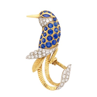 Lot 212 - Gold, Platinum, Sapphire and Diamond Bird Clip-Brooch