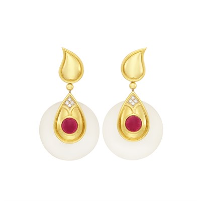Lot 303 - Pair of Gold, Frosted Rock Crystal, Cabochon Pink Tourmaline, and Diamond Pendant-Earrings