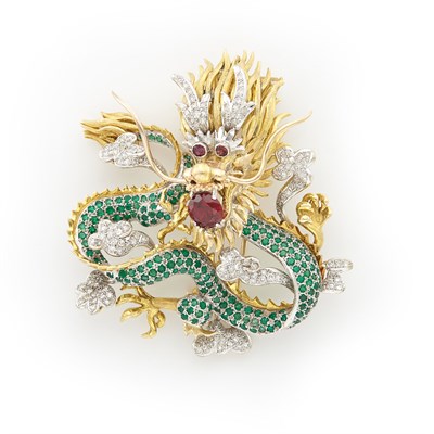 Lot 1309 - Two-Gold, Diamond and Gem-Set Dragon Brooch