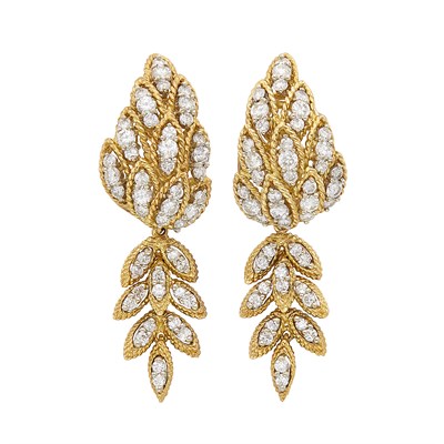 Lot 361 - Pair of Gold and Diamond Pendant-Earclips