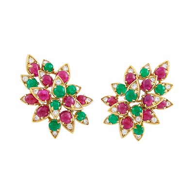 Lot 202 - Pair of Gold, Cabochon Ruby and Emerald and Diamond Earclips