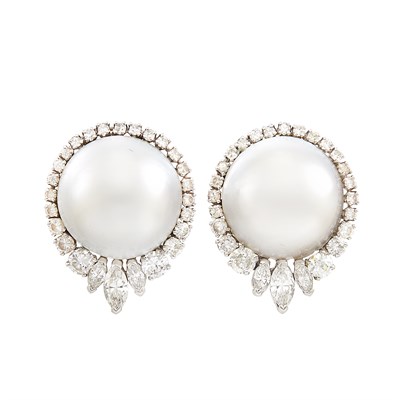 Lot 124 - Pair of White Gold, Mabé Pearl and Diamond Earclips