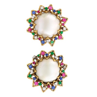 Lot 203 - Pair of Gold, Mabé Pearl, Gem-Set and Diamond Earclips