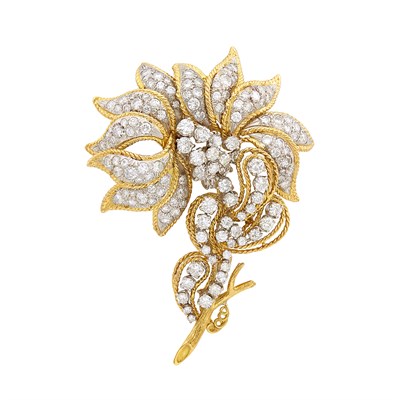 Lot 364 - Two-Color Gold and Diamond Flower Clip-Brooch