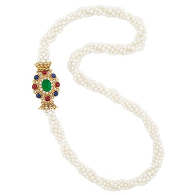 Lot 198 - Multistrand Freshwater Pearl Torsade Necklace with Gold, Cabochon Gem-Set and Diamond Clasp