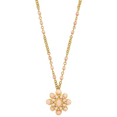 Lot 56 - Long Gold and Angel Skin Coral Pendant-Brooch Necklace