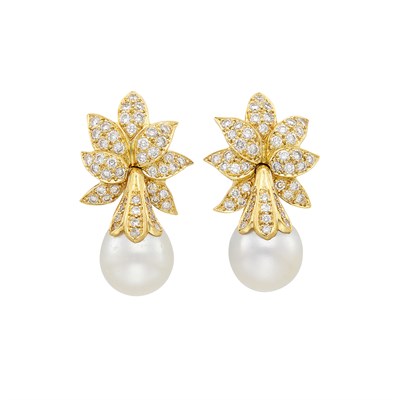 Lot 338 - Pair of Gold, Diamond and South Sea Cultured Pearl Earclips