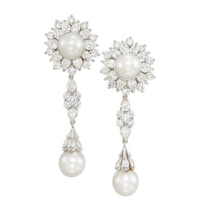 Lot 353 - Pair of Platinum, South Sea Cultured Pearl and Diamond Pendant-Earclips