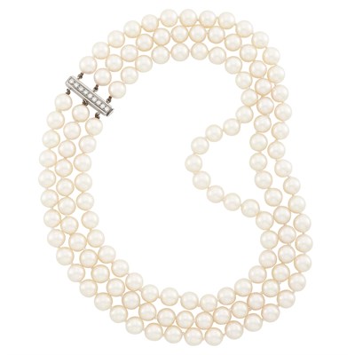Lot 356 - Triple Strand Cultured Pearl Necklace with Platinum and Diamond Clasp